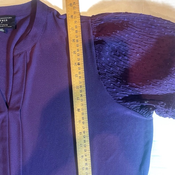 Flower and Feather Purple Womens Blouse with Sheer Decorative Short Sleeves - Picture 7 of 12